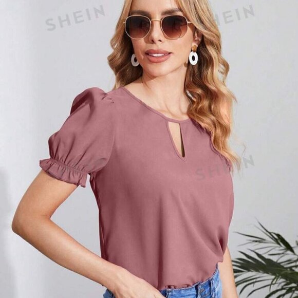 Like New Short Sleeve Open Neck Blouse, M1658343, Dusty Pink Lightweight Blouse - Picture 4 of 6